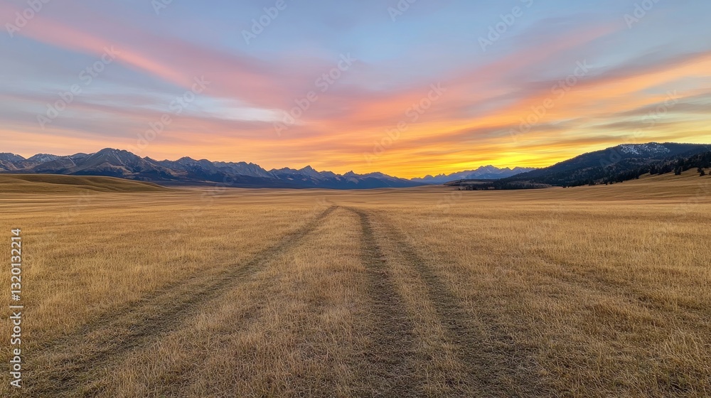 Fototapeta premium Serene Sunset Over Vast Golden Field With Mountain Landscape