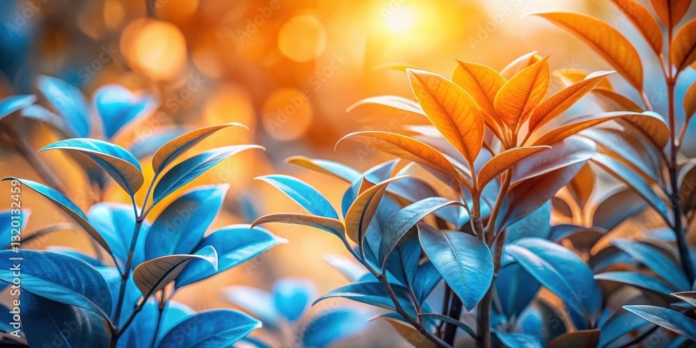 Φωτογραφία Vibrant foliage exhibiting contrasting shades of teal and amber, bathed in soft sunlight, creating a captivating natural scene