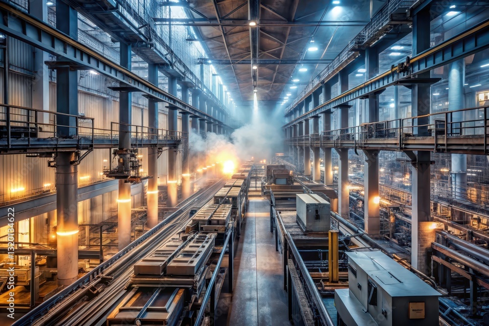 A Glimpse into the Heart of Industrial Manufacturing Vast Factory Interior with Illuminated Production Lines and Steel Structures A Glimpse into the Heart of Industrial Manufacturing Vast Factory Interior with Illuminated Production Lines and Steel Structures
