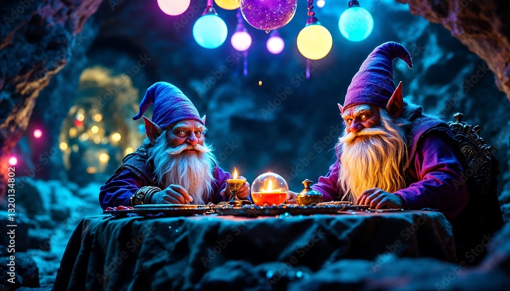 Two Fantasy Gnomes Gathering Inside a Mysterious Cave with Glowing Lights Two Fantasy Gnomes Gathering Inside a Mysterious Cave with Glowing Lights