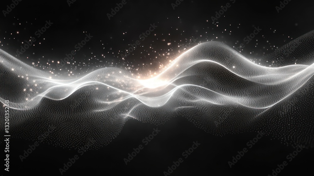 Fototapeta premium Minimalist Digital Art Black Background Flowing White Waves Glowing Particles Abstract Design