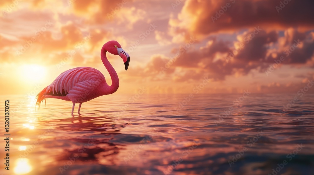 Fototapeta premium Pink flamingo in serene sunset over water