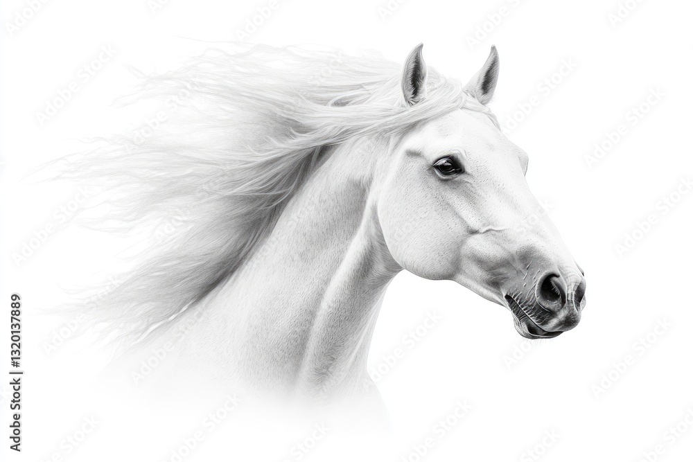Fototapeta premium A beautiful white horse with flowing mane is visible