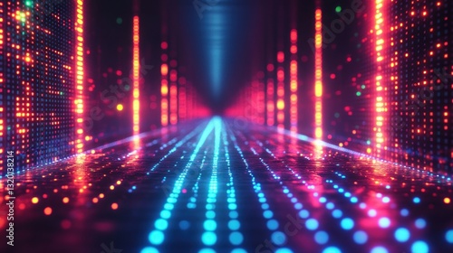 Futuristic Cyberpunk Dot Grid Background with Neon Lights and Abstract Technology Elements