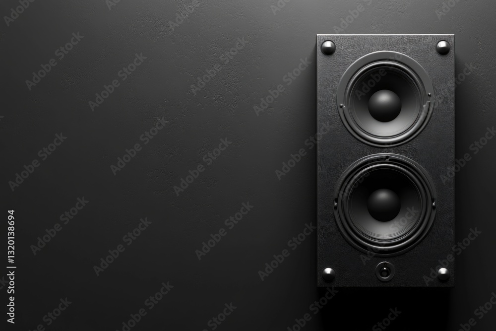 3D illustration of a loudspeaker set against a black wall backdrop. 3D illustration of a loudspeaker set against a black wall backdrop.