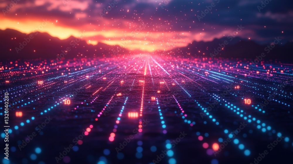 Obraz premium Futuristic Digital Landscape with Neon Colors and Data Streams Abstract Network Technology