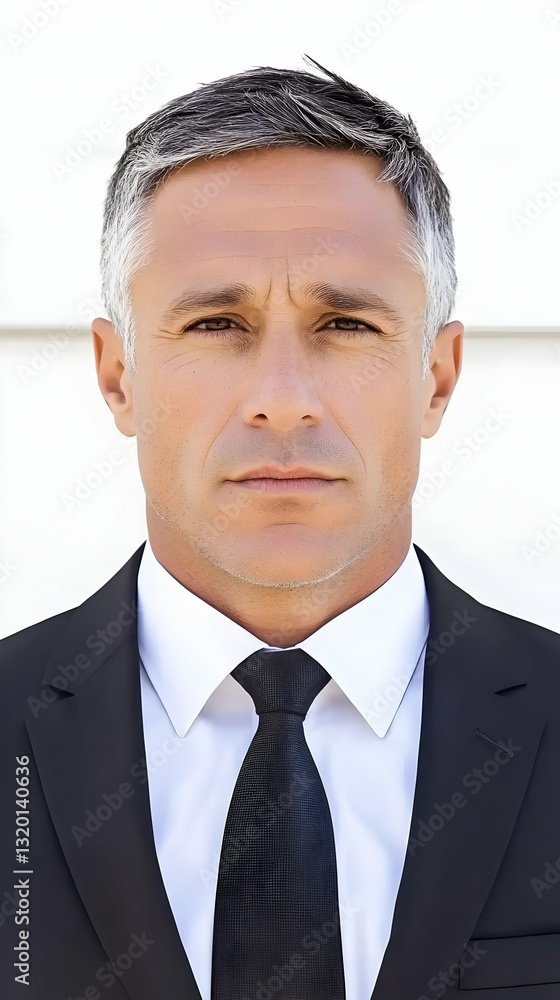 Portrait of a Man in a Black Suit and White Shirt, Wearing a Dark Tie; Serious Expression, Close-up Shot.