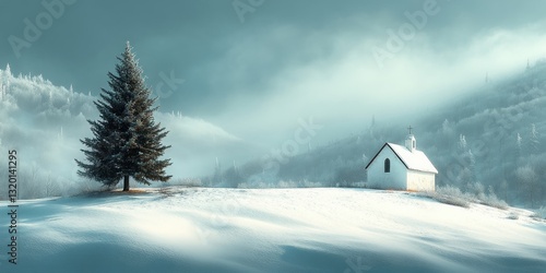Minimalist Winter Landscape with Church and Pine Tree for Christmas and New Year Background