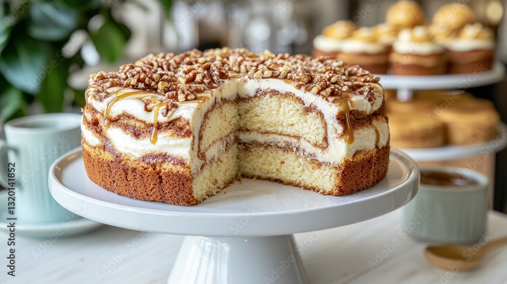 Layered cake with nuts, caramel drizzle, and creamy filling on a cake stand Layered cake with nuts, caramel drizzle, and creamy filling on a cake stand