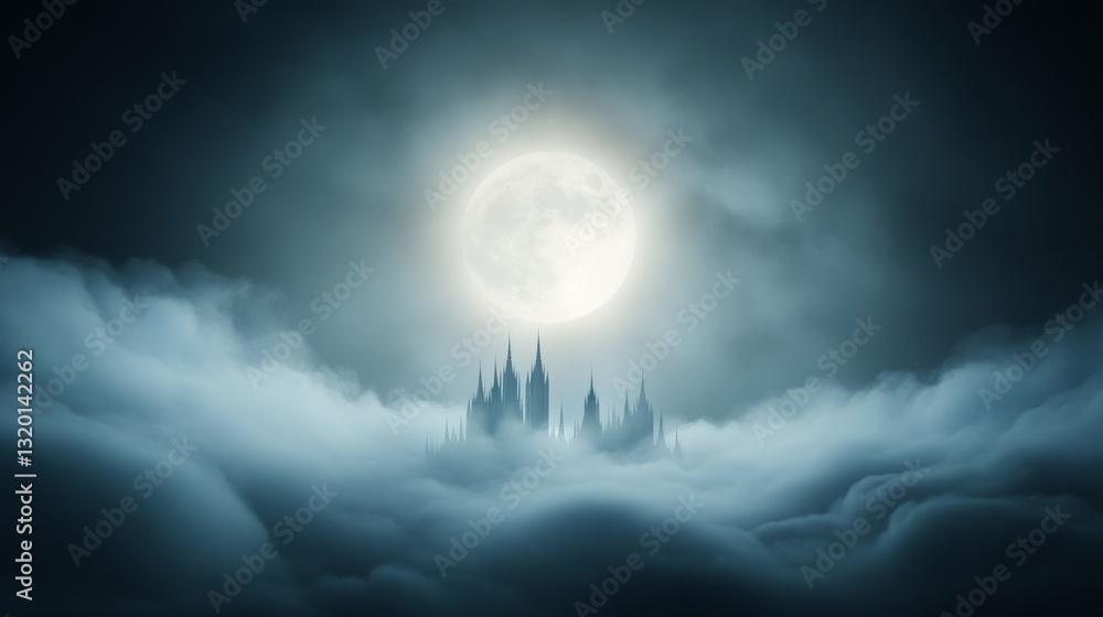 Obraz premium Mystical Castle Rising Above Foggy Landscape Under Full Moonlight
