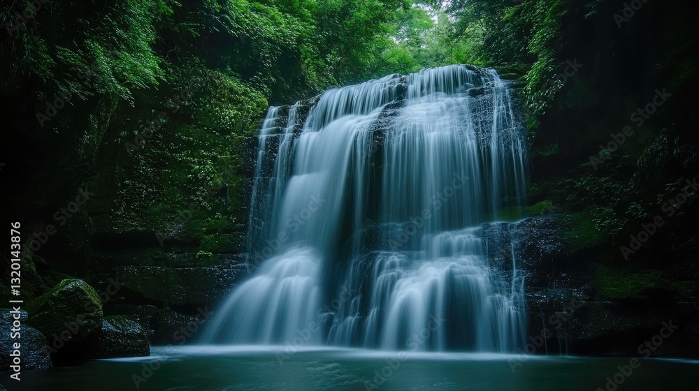 Fototapeta premium Cascading Waterfall Flowing Through Lush Green Forest Landscape Scene