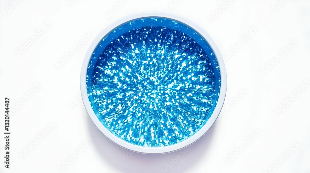 Abstract 3D Render: Vibrant Blue Liquid with Sparkling Light Explosions in a Round Container, Futuristic Design Background Abstract 3D Render: Vibrant Blue Liquid with Sparkling Light Explosions in a Round Container, Futuristic Design Background