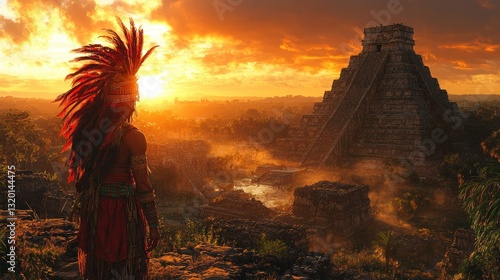 Ancient Mesoamerican Ritual Human Sacrifice Scene with Priest and Tribe in 3D Render