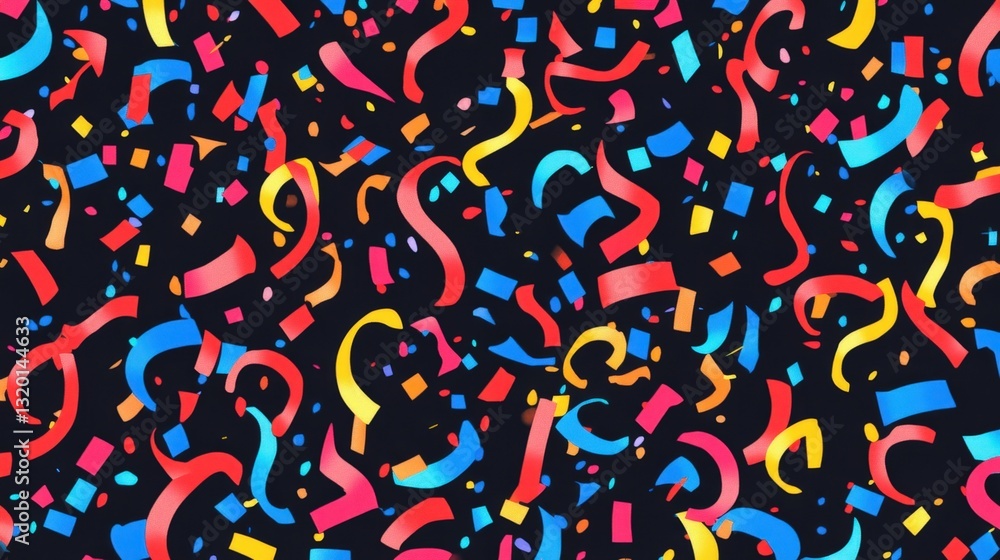 Naklejka premium Confetti and Streamers: A vibrant confetti and streamers spread across a dark background, creates a festive and celebratory atmosphere.