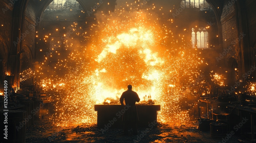A person stands amid a large explosion in a workshop A person stands amid a large explosion in a workshop