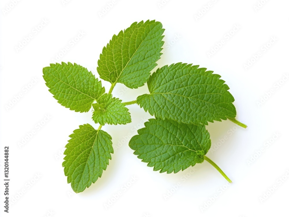 Lemon balm sprig displays serrated leaves and textured surface Lemon balm sprig displays serrated leaves and textured surface