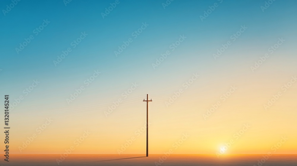 Obraz premium Serene Sunrise Over Horizon with Isolated Power Pole in Landscape