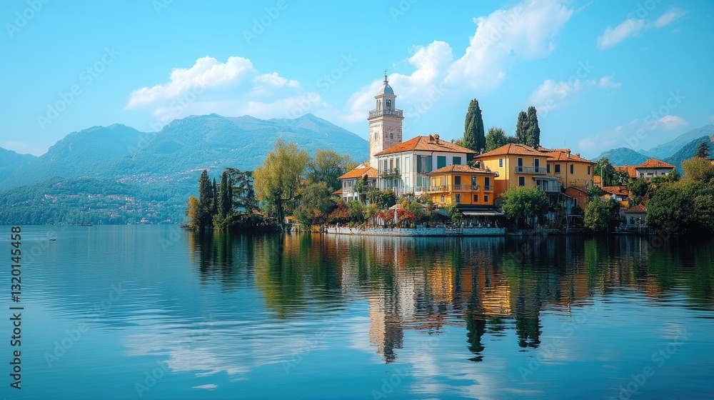 Picturesque island town reflects on the calm lake surface Picturesque island town reflects on the calm lake surface