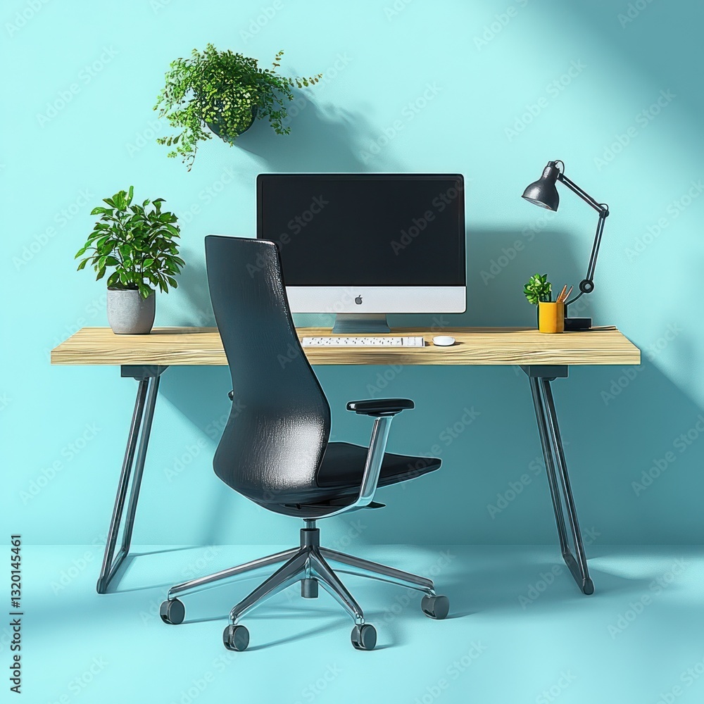 Fototapeta premium Minimalist Floating Workspace in Pastel Cyan Background