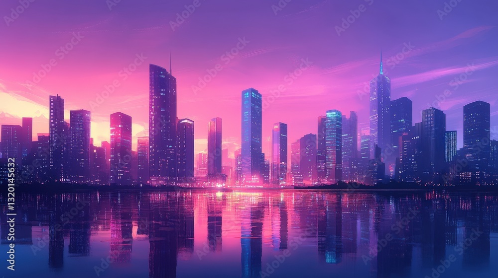Fototapeta premium Cityscape at Dusk: A mesmerizing cityscape silhouette, dominated by towering skyscrapers against a vibrant sunset, creates a magical atmosphere above calm water.
