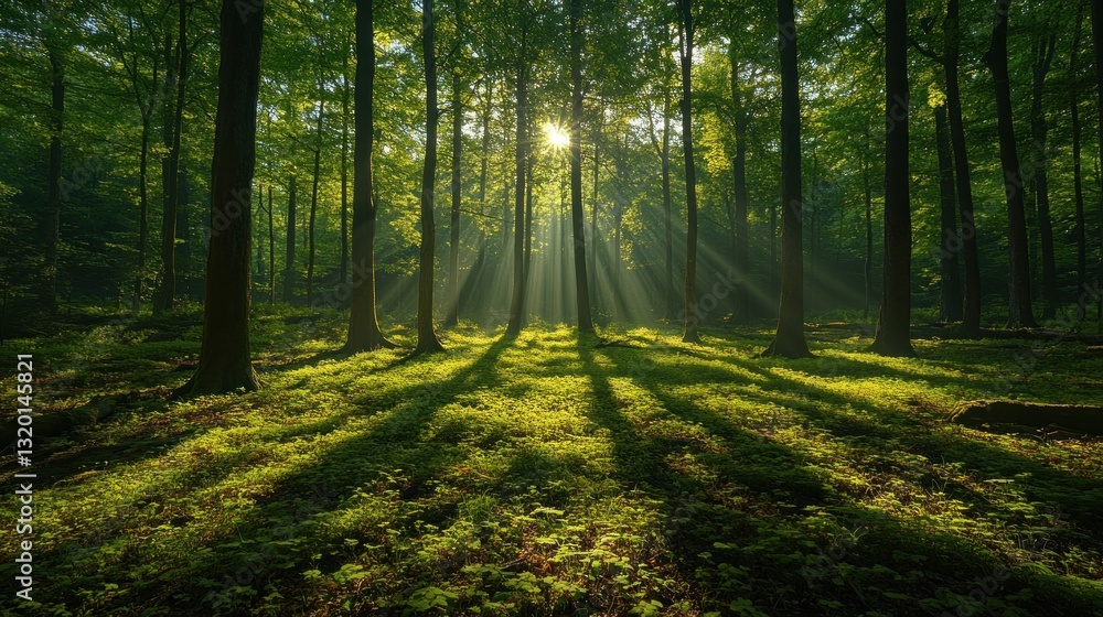 Sunlight streams through forest canopy, casting long shadows on the forest floor Sunlight streams through forest canopy, casting long shadows on the forest floor