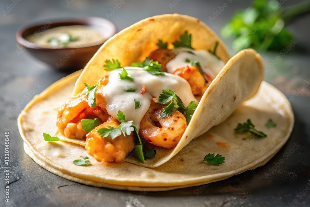 Savory Shrimp Tacos with Creamy Sauce and Fresh Herbs on a Rustic Surface Savory Shrimp Tacos with Creamy Sauce and Fresh Herbs on a Rustic Surface