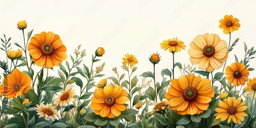 Fototapeta premium Vintage Botanical Illustration of Yellow Flowers Sunflower Chrysanthemum Aster Dahlia Garden Blossoms
