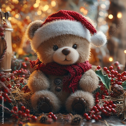 Cozy Christmas Teddy Bear with Santa Hat and Festive Decorations