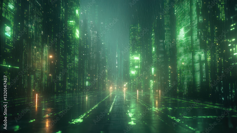 Fototapeta premium Futuristic Digital Landscape with Glowing Green Grids and Floating White Nodes in Cyberpunk Style