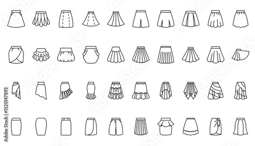 Different types of black line icon skirts, editable vector lines