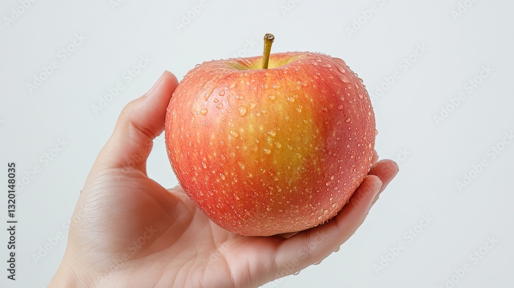 Hand Holding a Freshly Washed Apple with Water Droplets on White Surface Hand Holding a Freshly Washed Apple with Water Droplets on White Surface