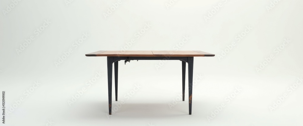 A wooden table with black metal legs, set against a white background, is shown in isolation. A wooden table with black metal legs, set against a white background, is shown in isolation.
