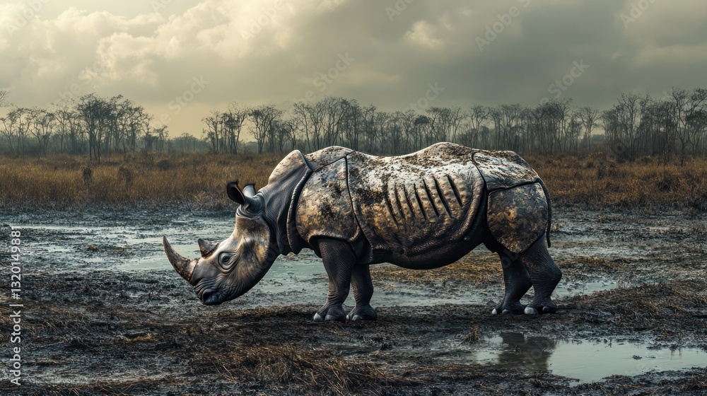 Fototapeta premium Large rhinoceros in a muddy savanna