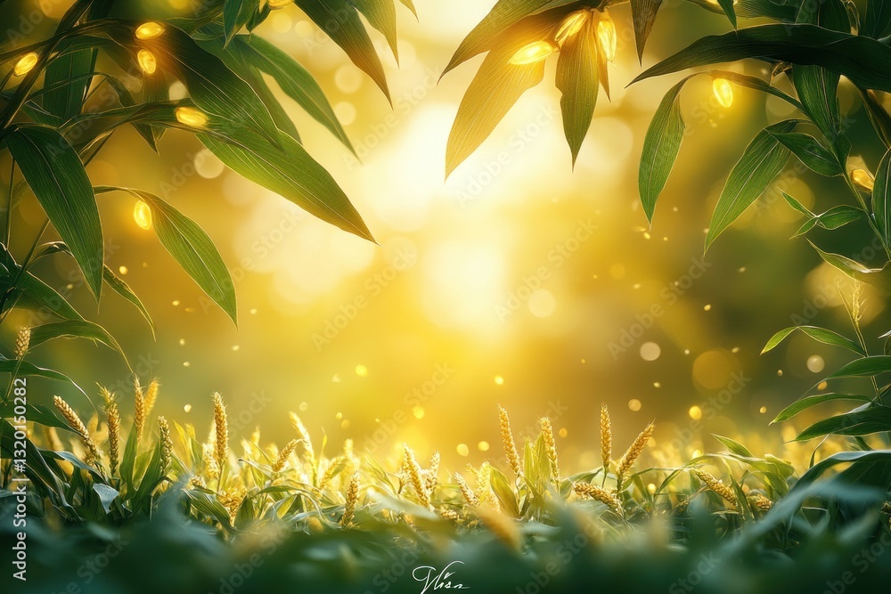 Obraz premium Photorealistic Close-up of Ripe Corn Cob in Sunlit Field with Dreamy Bokeh Background