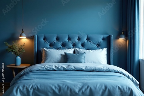 Wallpaper Mural Chic blue tones, geometric headboard, soft textiles, aqua, style Torontodigital.ca