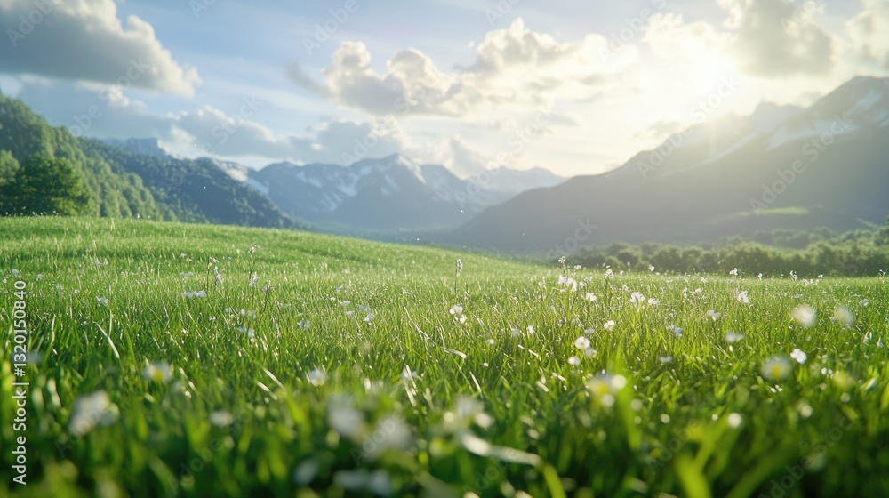 Fototapeta premium Idyllic mountain meadow landscape with wildflowers under a sunny sky