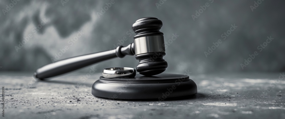 Judge gavel and wedding rings on a grey concrete stone background. Judge gavel and wedding rings on a grey concrete stone background.