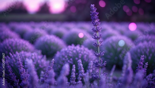 Lavender flower backdrop featuring stunning bokeh effects and purple hues. Lavender blooming in a twilight field. Close-up and personal. Selective focus.