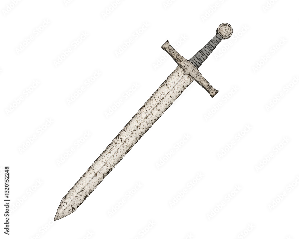 A decorative sword with intricate details on the blade and a textured handle, showcasing craftsmanship and historical design.