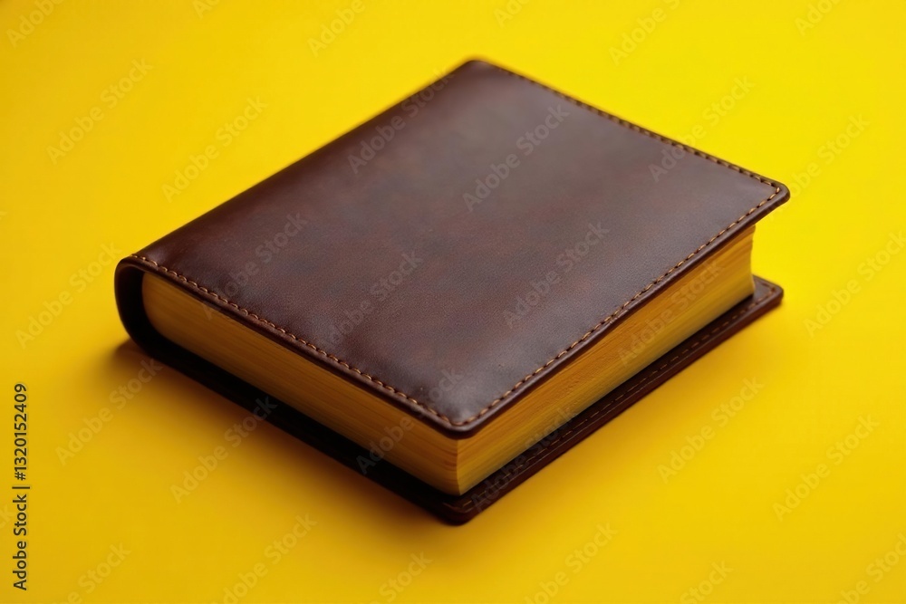 Dark brown leather journal hovers, vibrant yellow background, minimal, yellow Dark brown leather journal hovers, vibrant yellow background, minimal, yellow