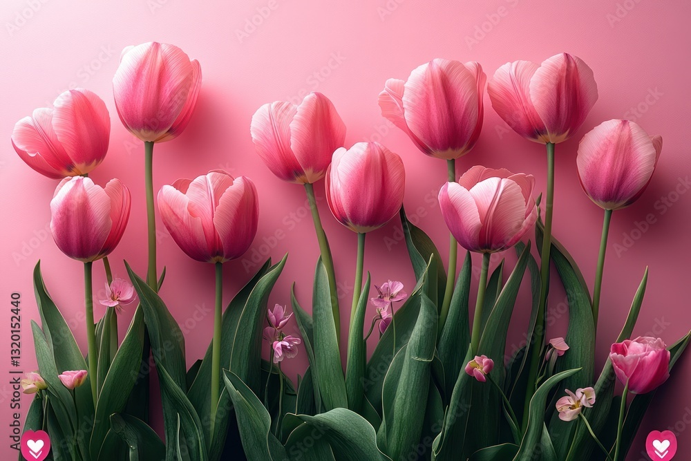 Fototapeta premium Valentine's Day Celebration with Pink Hearts and Tulips on Pastel Pink Background