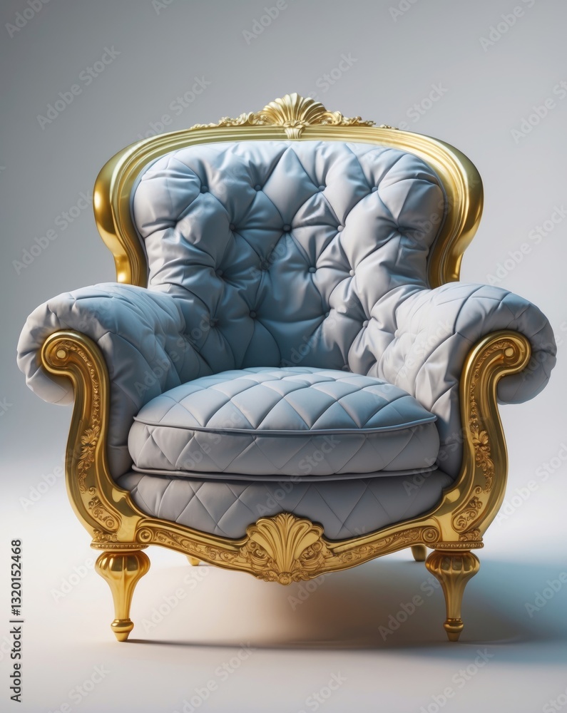 Fototapeta premium Isolated on a white background with a clipping path, a classic art deco armchair featuring gray quilting and elegant brass legs.