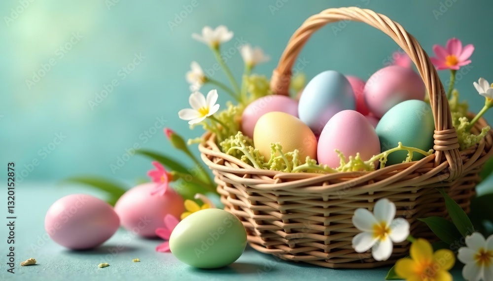 Naklejka premium Pastel colored eggs in woven basket, spring blooms, festive, springtime, bunny