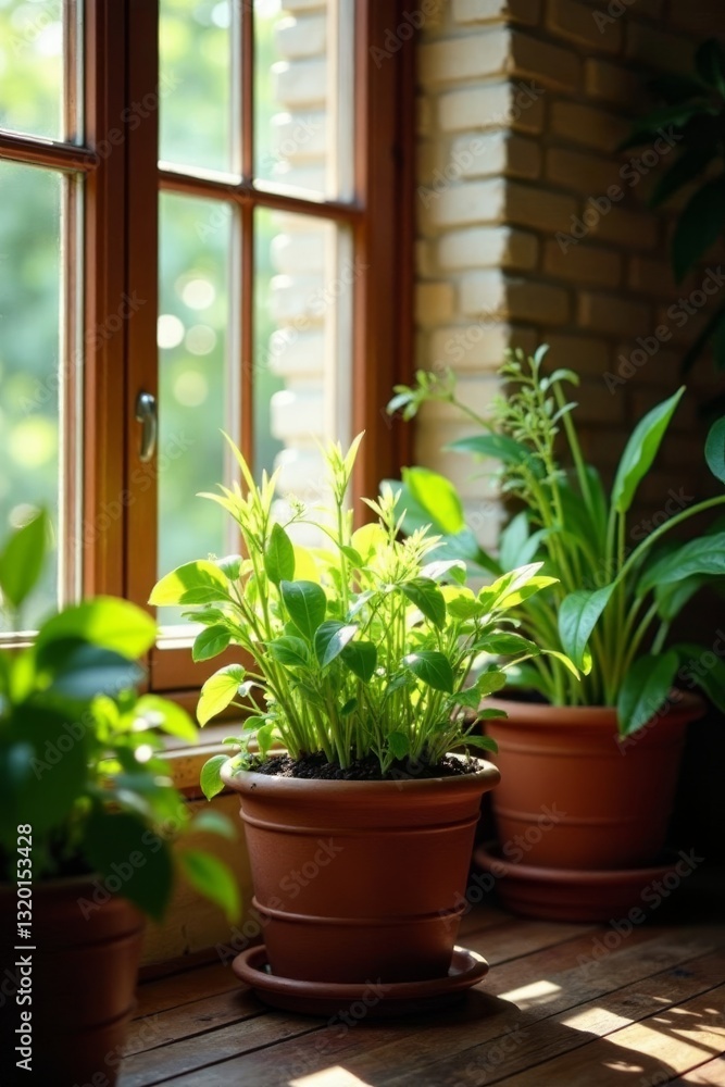 Warm wood, overflowing planters, window light, interior design, warm lighting Warm wood, overflowing planters, window light, interior design, warm lighting