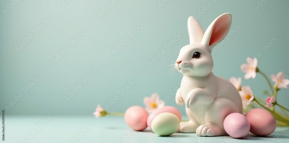 Fototapeta premium Ceramic Easter bunny, delicate pastel eggs, gentle lighting , spring, gentle