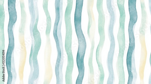 Seamless Wavy Stripes in Watercolor: A seamless pattern of flowing, vertical wavy stripes in calming watercolor hues. Its graceful and elegant design evokes a sense of serenity and artistic charm.