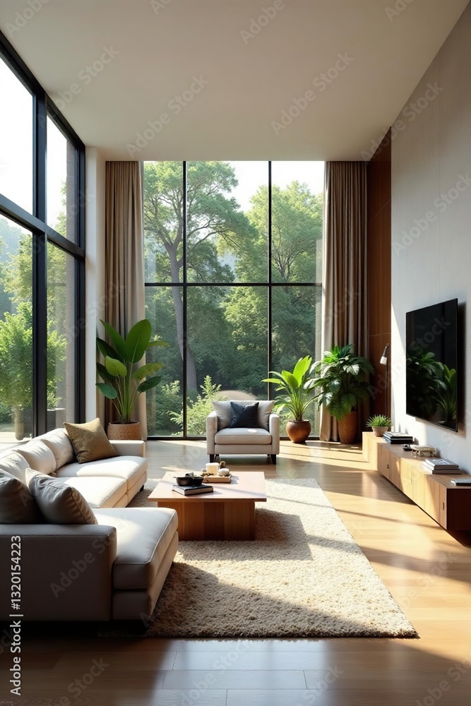 Fototapeta premium Modern smart home, expansive living area, abundant natural light, floor, skyline, wall