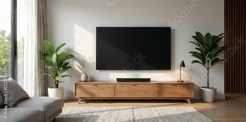 Spacious living room shelf awaits TV installation Clean lines , home theater setup, interior design ideas
