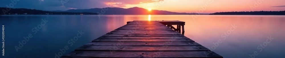Obraz premium Wooden pier at dusk, soft light illuminating the planks, sunset, photography, image