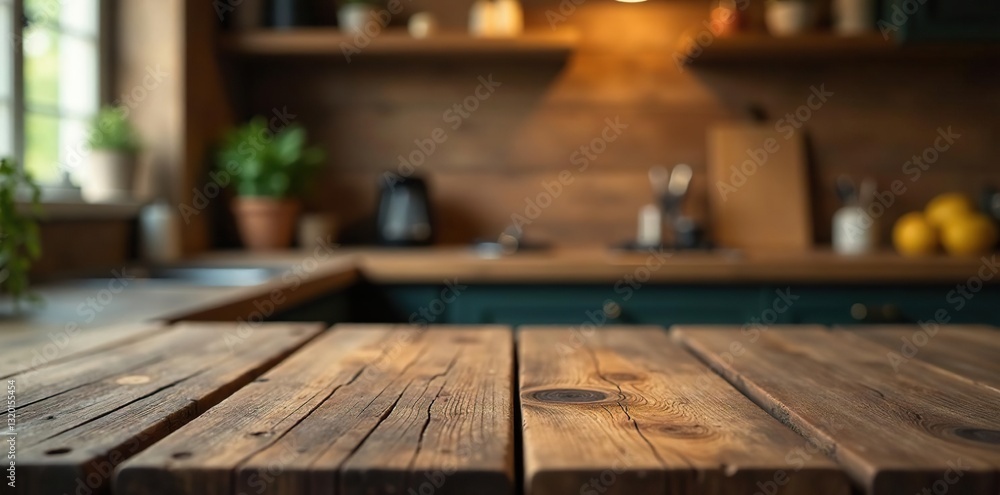 Grungy wood surface, kitchen bokeh Ideal for product placement , worn, photography, background Grungy wood surface, kitchen bokeh Ideal for product placement , worn, photography, background